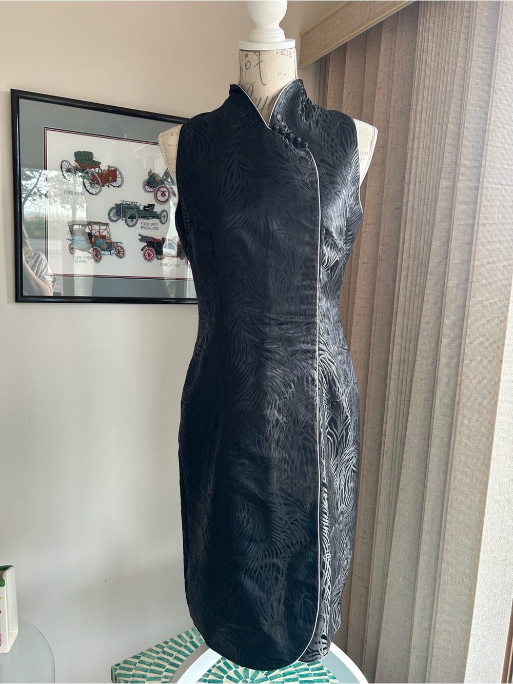 Black Textured Mandarin Collar Sheath Dress